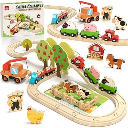 Lehoo Castle Wooden Train Set for Toddlers 2-4 - Wooden Train Track Set for Kids, Farm Animal Train Toys for 3 4 5 6 Year Old Boy Girl Birthday Gifts