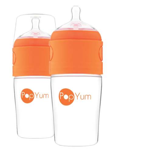 PopYum 9oz Anti-Colic Baby Bottle for Breast and Formula Feeding, 2-Pack, Orange, #2 Medium Flow Nipples