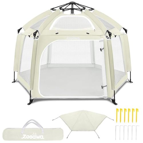 Zooawa Pop Up Playpen for Baby, Portable Playpen for Babies and Toddlers with Removable Sun-Shades& 2 Side UV Covers, Lightweight Outdoor Baby Play-Pen for Beach Home with Travel Bag, Beige