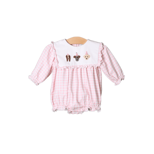 French Knot Birthday Party Pups Pink Gingham Long Sleeve Bubble