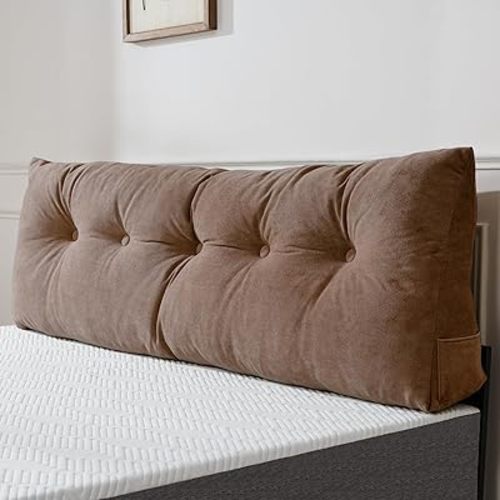 Lukace Premium Wedge Pillow Headboard with Removable Cover - Triangular Reading Support Backrest for Bed with Side Pockets, Perfect for Reading & TV (Light Brown Queen Size, 60x8x20 Inches)