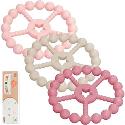 Baby Teething Toys 0-12 Months - Loviomad Ring Teether Baby Toys, Newborn Infant Essentials, Food Grade Silicone Teething Toys for Babies 6-12 Months, Shower Gifts Teething Relief (Girl/Boy)