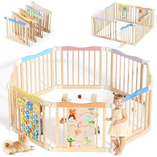 Foldable Wooden Playpen - Adjustable Wood Baby Play Yard with Child-Proof Lock, Indoor Large Safety Fence for Babies and Toddlers - Easy Assembly, 55 x 55 x 24 inches, Dino Land, Colorful