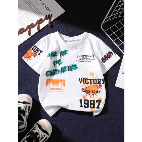 SHEIN Baby Boys' Fashionable Artistic Design Casual Holiday Style Printed T-Shirt, All Seasons