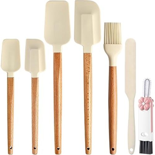 Silicone Spatula Set - 7 Piece Food Grade Rubber Spatula, Heat Resistant Up to 600°F, Wooden Handle Kitchen Utensils Set for Cooking, Baking & Mixing, Jar, Non-Stick Silicone Utensil White