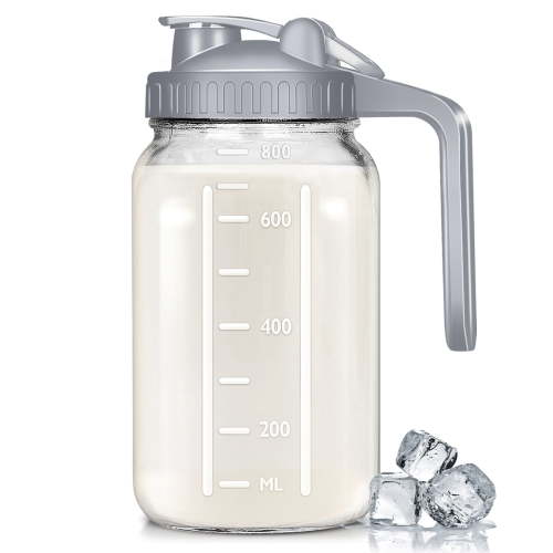 32oz Glass Pitchers with Handle and Lid,Breast Milk Pitcher, Wide Mouth Mason Jar Pitcher, Leak Proof Drink Pitcher Water Pitcher, for Breastmilk, Water, Juice, Milk, Tea, Iced Coffee(grey)