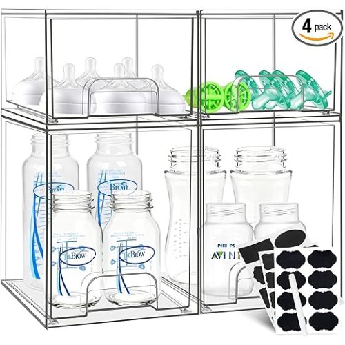 Baby Bottle Organizer, Stackable Storage Drawers with Label, Clear Station Organizers Container for Pacifiers, Pump Parts, Desk Organizer Bins for Bathroom, Cabinet, Pantry, Vanity, Countertop, 4 Pack