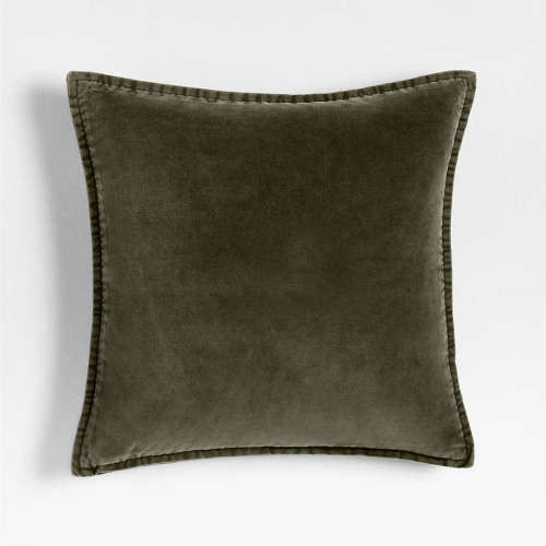 Relaxed Washed Organic Cotton Velvet 20x20 Burnt Green Throw Pillow with Down-Alternative Insert