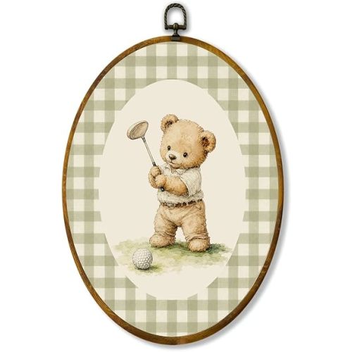 zewepri Golf Teddy Bear Oval Wall Art, Cute Sports Decor