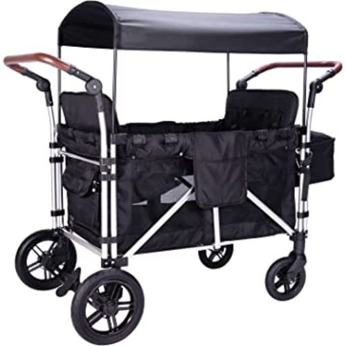 Stroller Wagon for 4 Kids, Wagon Cart Featuring 4 High Seat with 5-Point Harnesses and Adjustable Canopy, Foldable Double Push Bar Wagon Stroller for Garden, Stroller, Camping (Black)