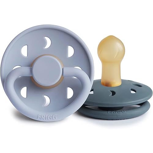 FRIGG Moon Natural Rubber Baby Pacifier | Made in Denmark | BPA-Free (Powder Blue/Slate, 0-6 Months) 2-Pack