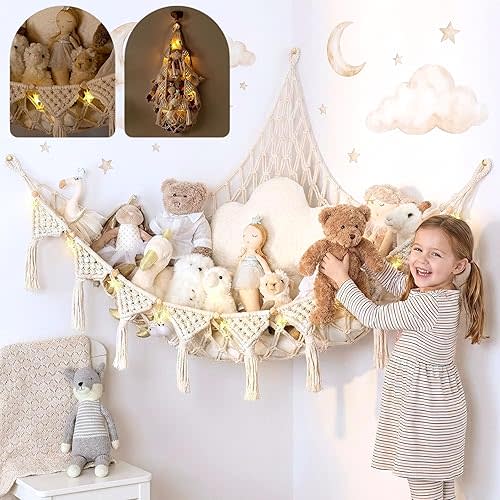 Stuffed Animal Hammock Corner | Sturdy Handcrafted Stuffed Animal Net | 4mm Double Macrame Cord Stuffed Animal Holder | Natural 100% Cotton Plushie Net | Toy Hammock w/LED Light (Ice Cream)