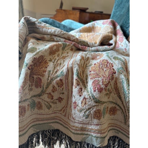Folk Art Nouveau Floral Woven Throw Blanket: 100% Cotton Jacquard Tapestry