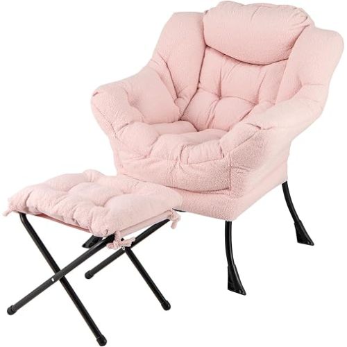 Upholstered Lazy Chair with Ottoman, Armrests & Side Pocket