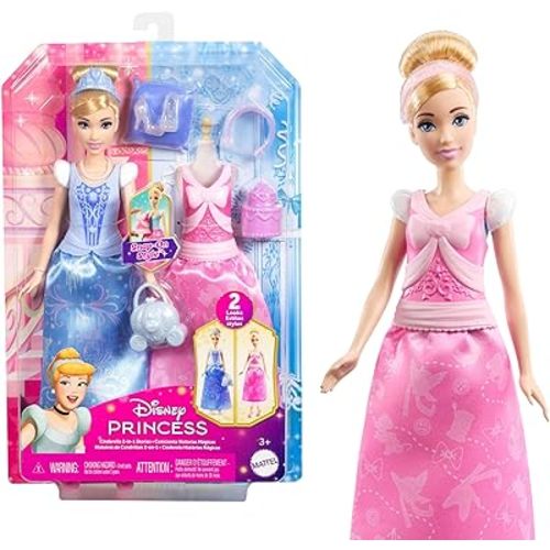 Mattel Disney Princess Toys, Cinderella Fashion Doll with 2 Looks, 9 Accessories, 2 Snap-On Bodices & 2 Skirts, 2-in-1 Stories Inspired by Disney Movie