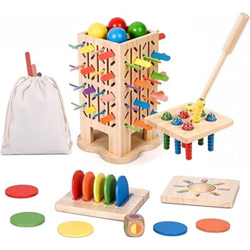 Montessori Wooden Board Game for 3 4 5 6 Year Olds, 5-in-1 Fine Motor Skills & Math Learning Toy for Kids 4-6, Colorful Wooden Stick Game with Dice, Family Games for Boys Girls