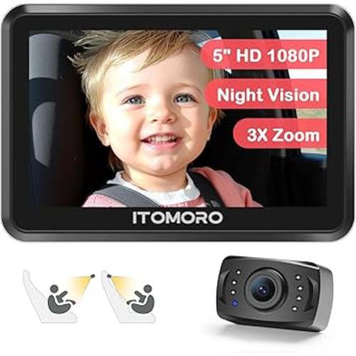 Itomoro Baby Car Camera 5'' 1080P with 3X Zoom, IR Night Vision, 360°Rotating Adjustable Car Baby Monitor Easily Install Car Seat Camera for Baby Rear Facing