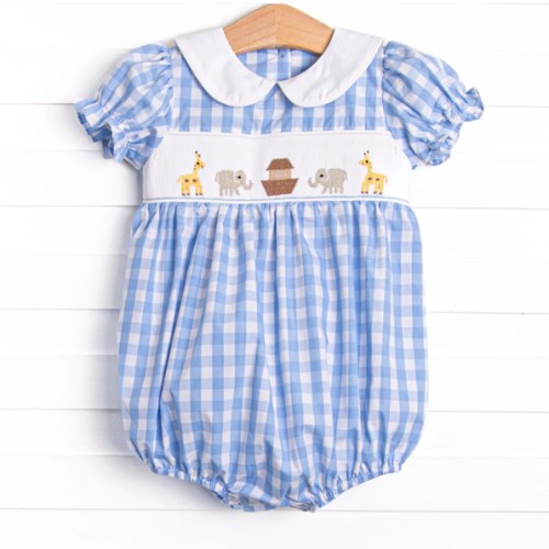 Noah's Ark Smocked Puff Sleeve Bubble, Blue – Stitchy Fish