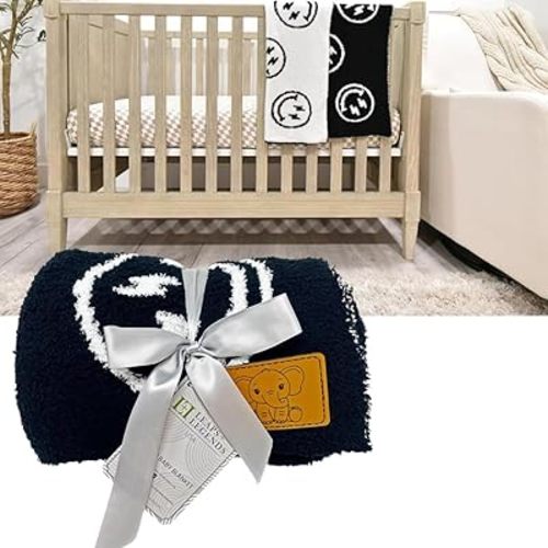 Smiley Face with Lightning Bolt Eyes Baby Blanket 28"x40" with Leather Patch - DreamSoft Knitted Throw - Reversible Receiving Blanket/Newborn Gift (Black/White Lightning Bolt)
