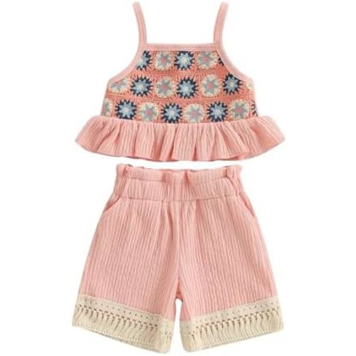 Baby Girl Summer Clothes Set Crochet Camisole Linen Shorts 2Pieces Toddler Little Girls Outfits with Pockets