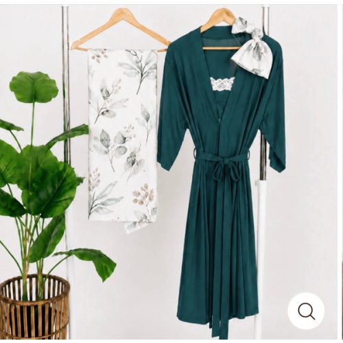 Emerald Green Maternity Delivery Gown & Leafy Swaddle