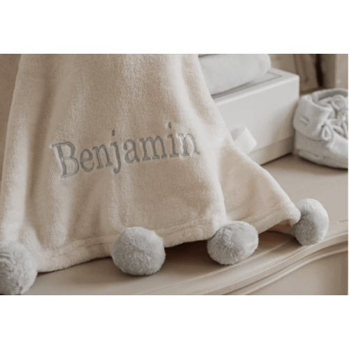 Pale Blue Pom Trim Fleece Baby Stroller Blanket