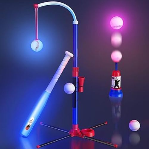HYES 3-in-1 LED Baseball Set for Kids 3-5 - Tee Ball Stand, Hanging Tee, Ball Launcher and 4 Softballs - Adjustable Height, Indoor/Outdoor Sport Gifts for Boys Girls