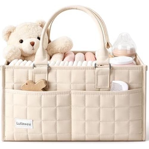Baby Diaper Caddy Organizer, Portable Nursery Storage Basket with Handle for Newborn Boy or Girl, Gift for Baby Shower Essentials, Registry Must Have Bag, Caddie Car Organizer, Beige