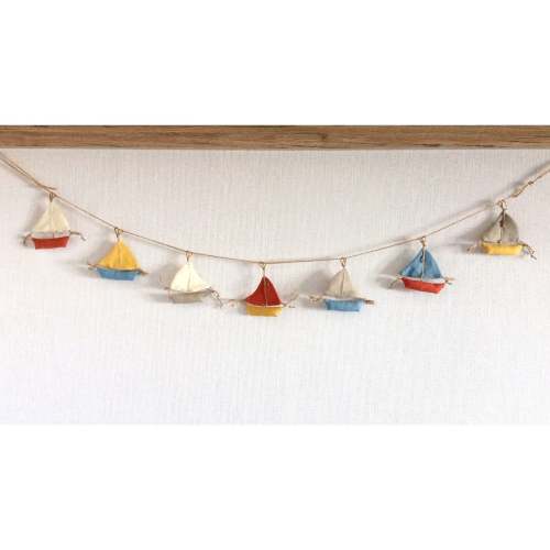 Terracotta blue gray mustard linen boat garland, Sail boat decor, Boat wall hanging