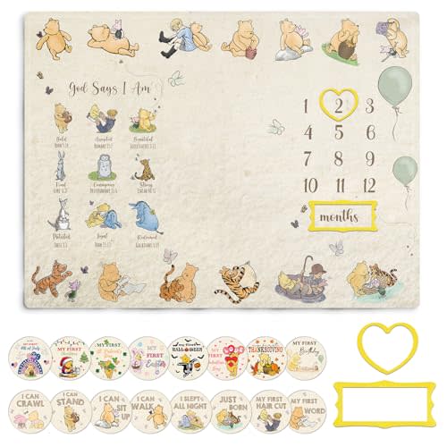 Guawubiang Winnie Baby Milestone Blanket, God Says I am Bold Babies Milestone Blanket, Winnie Newborn Month Blankets for Baby, with Double-Sided Printed Cardstock（16 Unforgettable Moments of Babies）