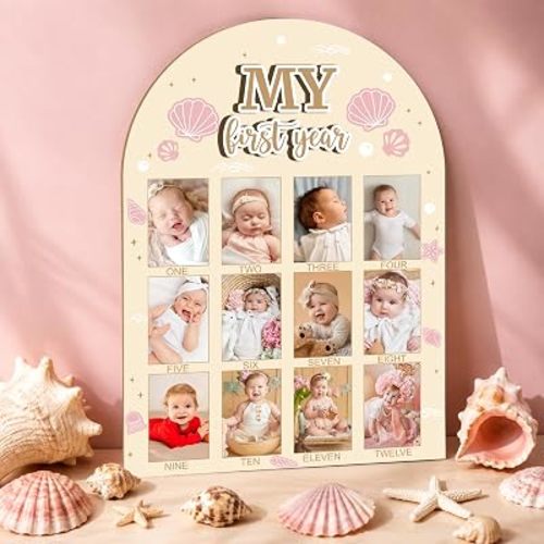 R HORSE 3D My First Year Photo Display Wood Board - 2x3in Pic Pink Seashell First Birthday Picture Frame, 12 Months Milestone Board Baby Keepsake Gift for Girl 1st Birthday Decorations Nursery Decor