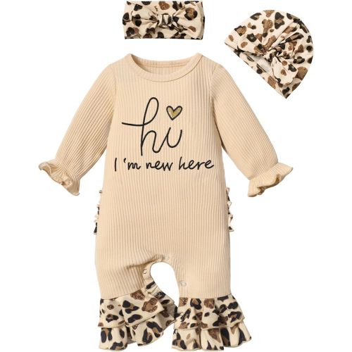 KANGKANG Baby Girl Clothes Preemie Clothes Girl hi I'm new here Ruffle Long Sleeve Onesie for Baby Girl Romper Leopard Print Flare Bell Bottom Jumpsuit with Headband Hat Beige