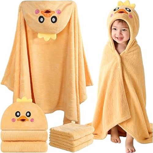 4 Pcs Toddler Bath Towel Set, 1 Pc Toddler Hooded Towel & 3 Pcs Baby Washcloths, Large 27.5"X55" Hooded Towels Kids, Absorbent Soft Thick Toddler Towels for Boy Girl 0-5 Year (Yellow Duck)