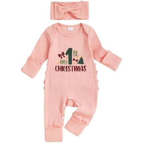 My First Christmas Baby Girl Outfit Newborn Long Sleeve Letters Romper Jumpsuit Infant Fall Winter Clothes
