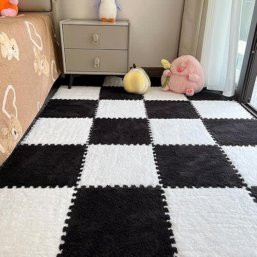 12pcs Carpet Squares Puzzle Floor Mat, Plush Interlocking Carpet Tiles, Anti Slip EVA Foam Jigsaw Floor Tiles, Build A Safe Area for Bedroom Playroom (White+Black)
