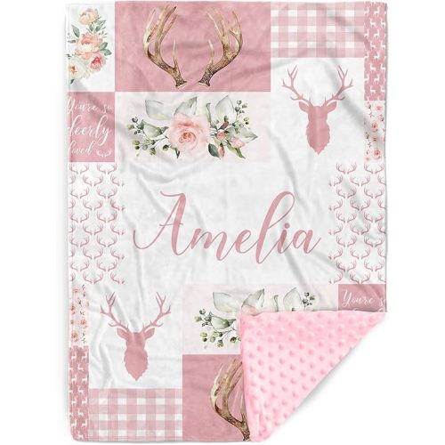 Personalized Baby Blankets with Name – Custom Baby Girl Blanket with Pink Antlers Plaid Pattern – Soft Minky Dot Blanket for Crib, Nursery, Stroller – Custom Baby Gift for Girls