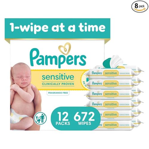 Pampers Sensitive Baby Wipes, Clinically Proven, Fragrance Free, Unscented, Water Based, Hypoallergenic, Multi-Use, Hand Wipes 672 Wipes Total (12X Flip-Top Packs) [Packaging May Vary]