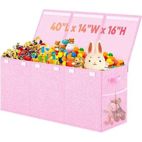 Large Toy Storage Box with Lid & Dividers, Collapsible Kids Toy Chest, Pink
