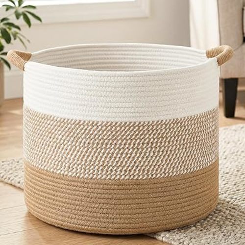 Large Natural Woven Blanket Basket, 100L Boho Decorative Cotton Rope Basket for Blankets Pillows and Toddler Toy Storage, Rope Blanket Storage for Living Room, Laundry, Nursery (Brown)