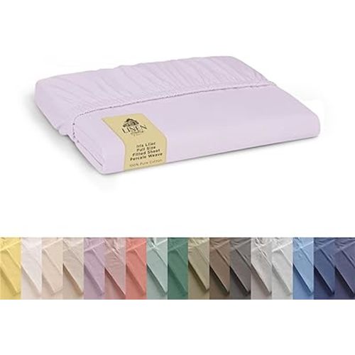 Linen Home 100% Cotton Percale Weave Fitted Sheet, Full Size, Iris Lilac, 1 Deep Pocket Fitted Sheet, Fits Mattress Upto 16" Crisp and Cool Strong Bed Linen, 54"X75"+15"