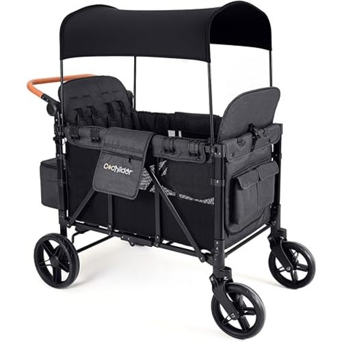 Elite 4-Seater Wagon Stroller for 2-4 Kids, One-Hand Fold, High Seats with 5 Point Harness, Adjustable Handle & Canopy, Dark Gray