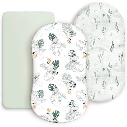 GRSSDER Bassinet Sheets Ultra Soft 3 Pack Mint Green Stylish Watercolor Animals