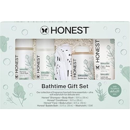 The Honest Company Fragrance-Free Bathtime Gift Set, Hypoallergenic, Bath Essentials for Sensitive Skin, Shampoo and Body Wash, Face Lotion, Bubble Bath, Conditioner, Wash Cloth