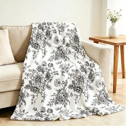 JarThenaAMCS Floral Fuzzy Blanket Black Flower Throw Blanket Vintage Chinoiserie Soft Cozy Flannel Blankets for Home Bed Sofa Couch Chair, 50 x 60 Inch