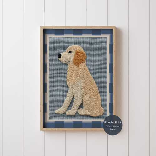 Embroidery Look Golden Retriever Print, Nursery Dog Illustration