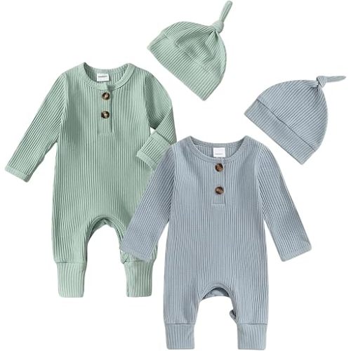 Infant Boys Girls Clothes Set Newborn Baby Romper Hat Ribbed Knit Long Sleeve Button Solid Bodysuit Jumpsuit