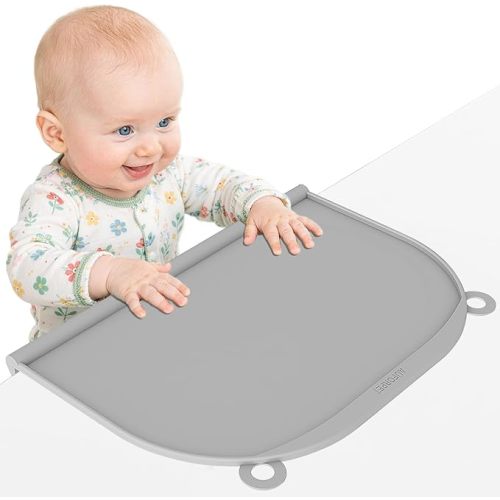 Large Silicone Placemat for Baby Toddler Dinning Eating, 17" x 12" Extra Thick Table Suction Mat with Side Edge-Bumper for Kids Teeth Protection, Raised Edge Leakproof Desk Placemats-(Gray)