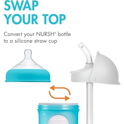 Boon Nursh Silicone Straw Sippy Cup Lid - Conversion Top for Bottles - Toddler Cup Top - Changes Baby Bottles into Cups - 2 Count