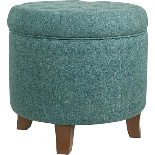 HomePop by Kinfine Fabric Upholstered Round Storage Ottoman - Button Tufted Ottoman with Removable Lid, Teal Woven