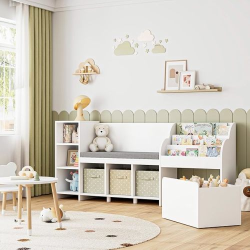 HOSTACK 67" W Kids Reading Nook with Bookshelf, Toy Storage Organizer, Oak | Cushioned Bench & Large Movable Toy Storage Box on Wheels, 6 Open Cubbies for Ease Fetch, Kid Bookcase for Playroom, Kid Room